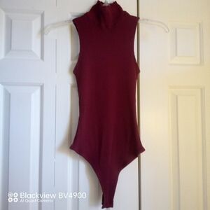 Lulu's Ribbed Burgundy Sleeveless Mock Neck Bodysuit